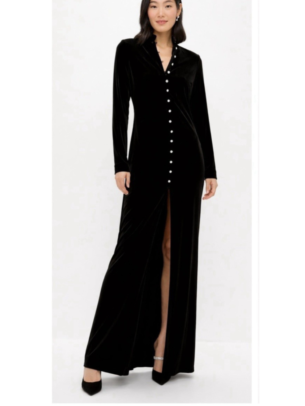 New Tuckernuck Loretta Black Velvet Maxi Dress Button Front Slit Formal Date - Picture 2 of 12